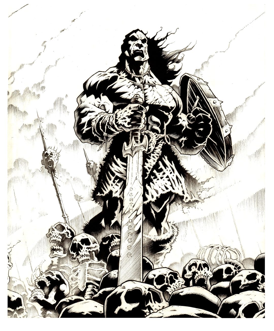 Black and white illustration of a warrior with a sword and shield surrounded by skulls.